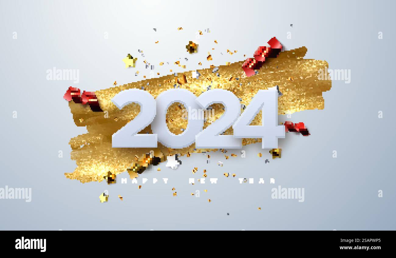 Happy New 2024 Year. Vektor-Feiertagsillustration von Papierschnittzahlen mit funkelnden Konfetti-Partikeln, goldenen Sternen und Streamern. Banner für festliche Veranstaltungen. Dekoelement für Poster- oder Cover-Design. Happy New 2024 Year. Vektor-Feiertagsillustration Stock Vektor