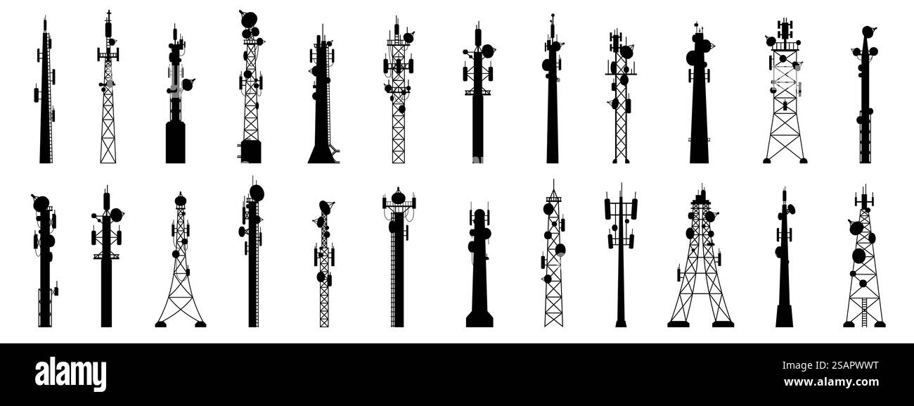 Silhouetten des Funkmastes. Umrisse Rundfunkantennen, Geräte der Kommunikationstechnologie. Vektorsatz der schwarzen Silhouette des Funksenders Illustration. Silhouetten des Funkmastes. Umrisse Rundfunkantennen, Geräte der Kommunikationstechnologie. Vektorsatz Stock Vektor