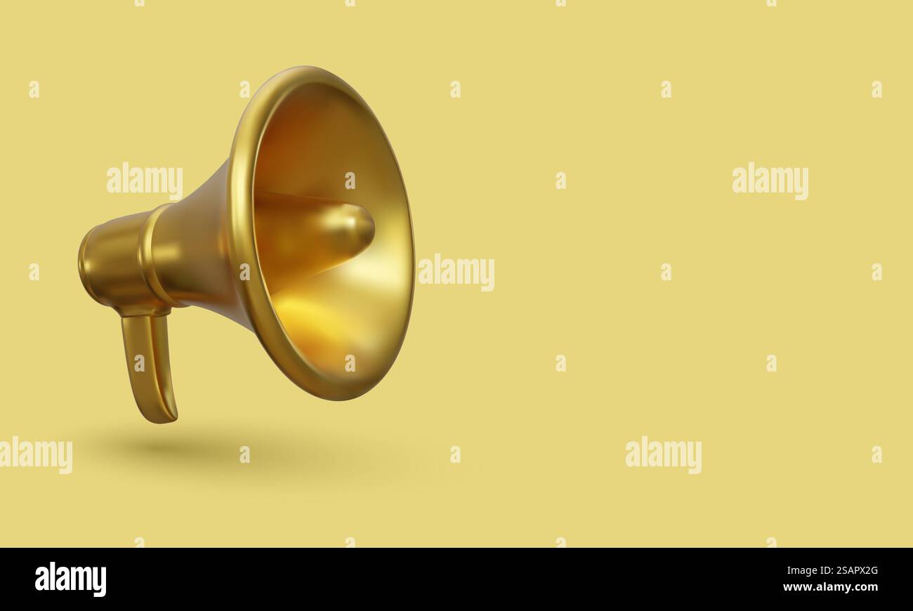 3D realistisches Gold-Megaphon-Marketingkonzept. Vektorabbildung. Stock Vektor