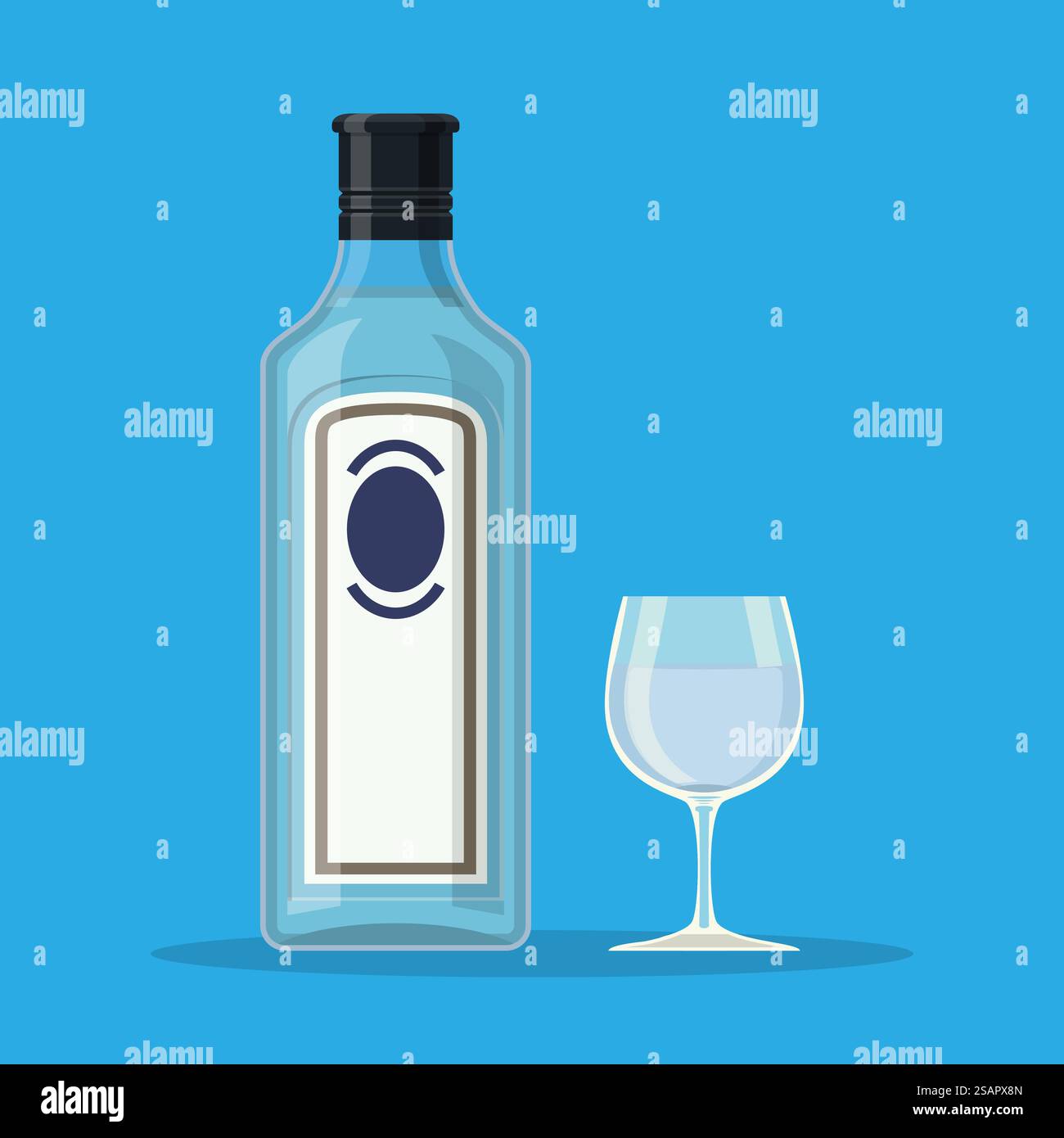 Flasche Gin mit Glas. Gin-Alkohol-Getränk. Vektorabbildung in abgewickelter Form. Flasche Gin mit Glas. Stock Vektor