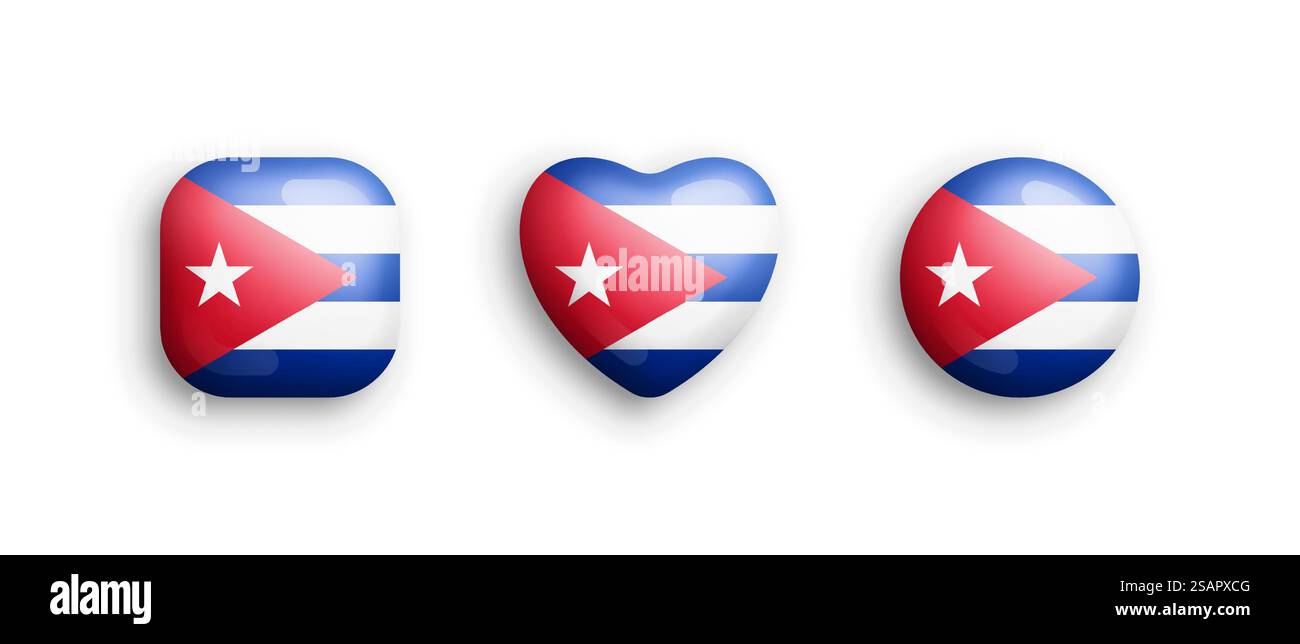 Kuba Offizielle Nationalflagge 3D Vektor Glossy Icons in gerundeten Quadrat-, Herz- und Kreisformen isoliert auf weißem Hintergrund. Kubanische Zeichen Und Symbole Graphic Design Elements Volumetrische Buttons Kollektion. Kuba Offizielle Nationalflagge 3D Vektor Glossy Icons Isolate on White Stock Vektor