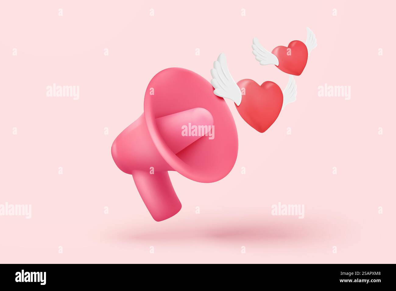 3D-Megaphon-Lautsprecher für romantische valentinskorposition. Festliche Dekorationsgegenstände zum Valentinstag, Herz- und Liebesemoji-Ikonen. 3D-Freisprecheinrichtung Romantik-Symbol-Vektor-Rendering-Illustration Stock Vektor