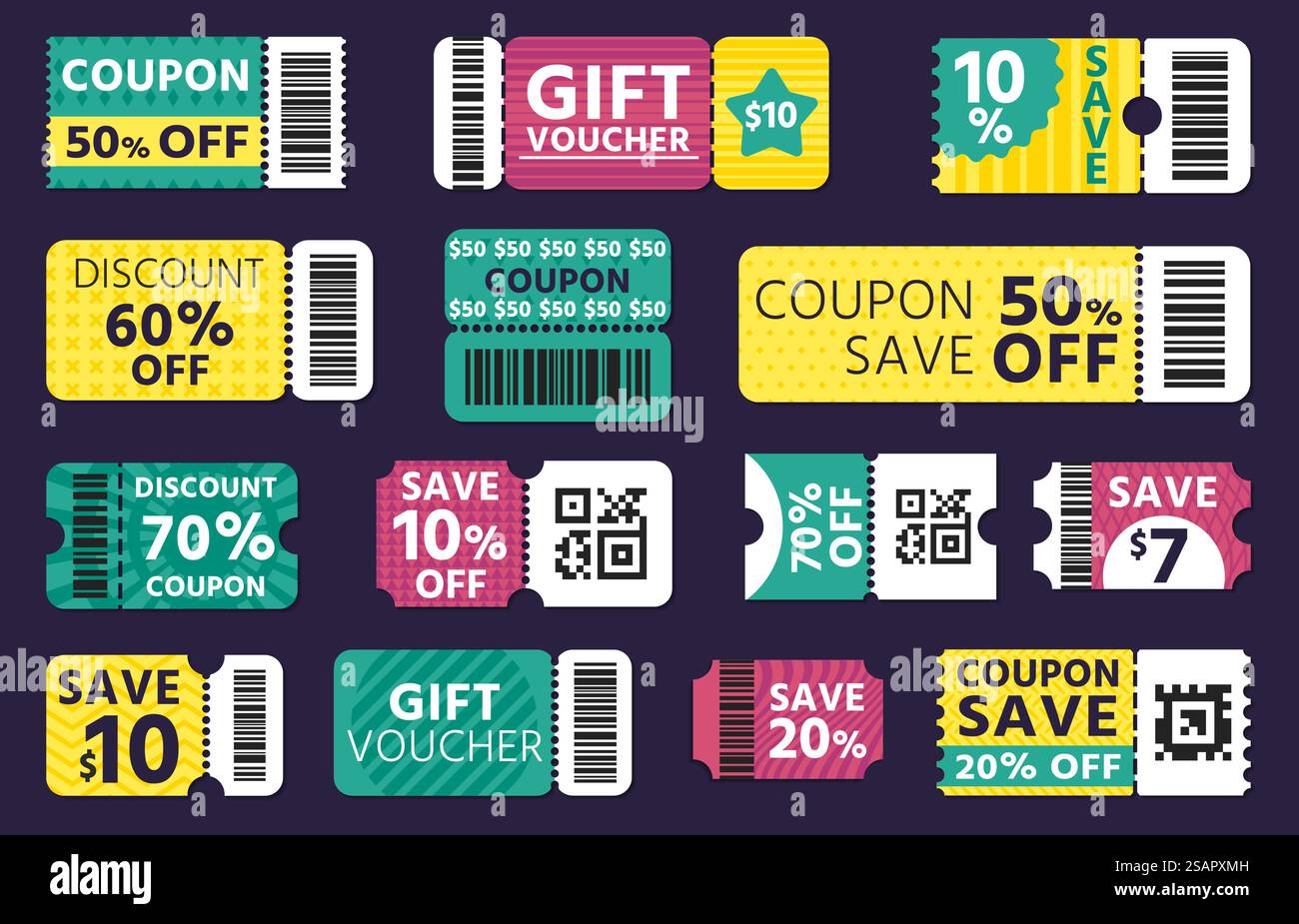 Coupon-Vorlage. Rabattbanner mit Barcode, Einkaufsgutschein, Rabattkarte, Rabattcode, Angebotszertifikat. Vektor-E-Commerce-Modell von Rabatt und Coupon, spezielle Label-Promo-Illustration. Coupon-Vorlage. Rabattbanner mit Barcode, Einkaufsgutschein, Rabattkarte, Rabattcode, Angebotszertifikat. Vektor-E-Commerce-Modell Stock Vektor