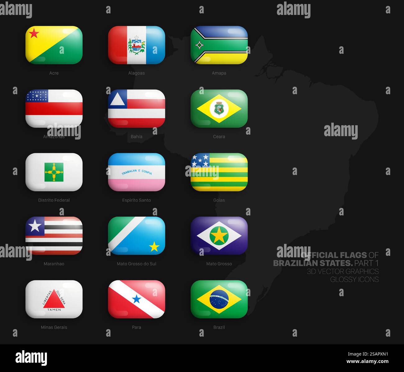 Alle offiziellen Flaggen von brasilianischen Staaten 3D-Vektor gerundete glänzende Symbole Set isoliert auf Hintergrund Teil 1. Brasilianische Verwaltungsbereiche Der Ersten Ebene – Leuchtend Leuchtende Farben – Bauchige Tasten – Designelemente. Offizielle Flaggen der brasilianischen Staaten 3D Vektor gerundete Glossy Icons Set Stock Vektor
