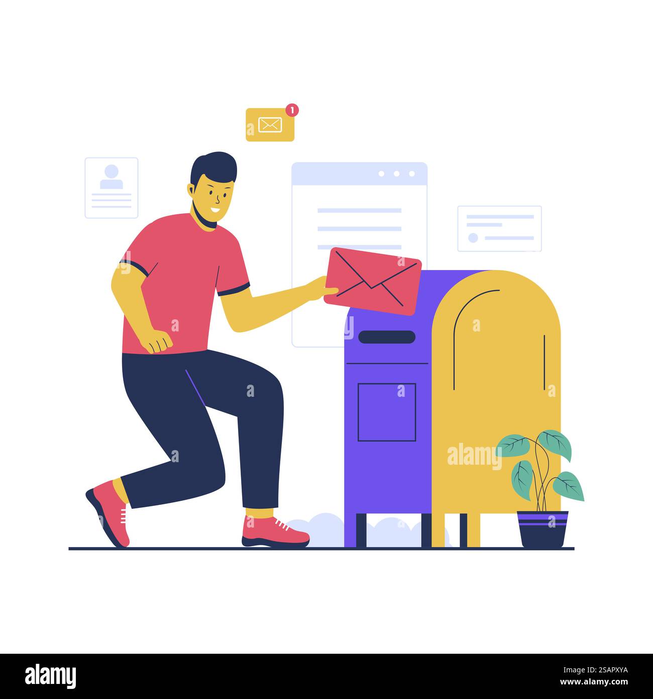 Mailbox Illustration Design Konzept mit Mann. Illustration des flachen Vektors auf weißem Hintergrund isoliert Stock Vektor
