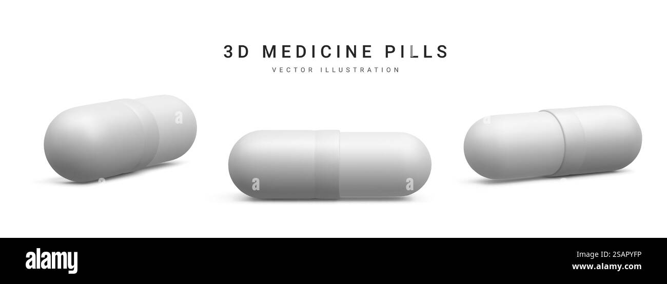 Set von 3D realistischen Kapselpillen isoliert auf weißem Hintergrund. Medizin und Medikamente. Vektorabbildung. Stock Vektor