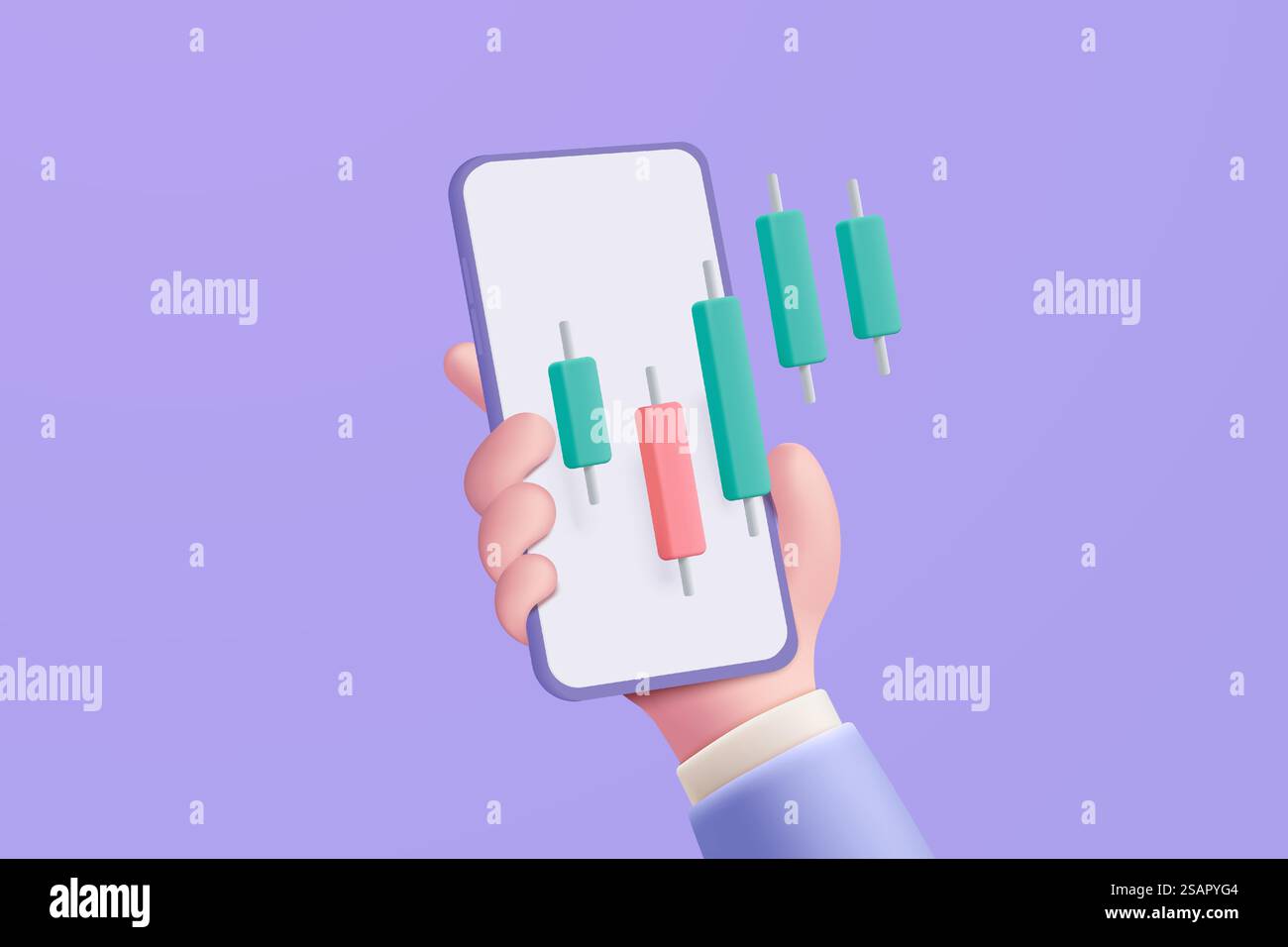 3D-Diagramm für den Aktienhandel mit Mobiltelefon. Verkaufen und kaufen Sie Geld, Bargeld und Tausch mit dem Finanzierungskonzept und verdienen Sie Investitionen. 3D-Vektorsymbol für den Handel mit Banken für die Darstellung von Investitionen Stock Vektor