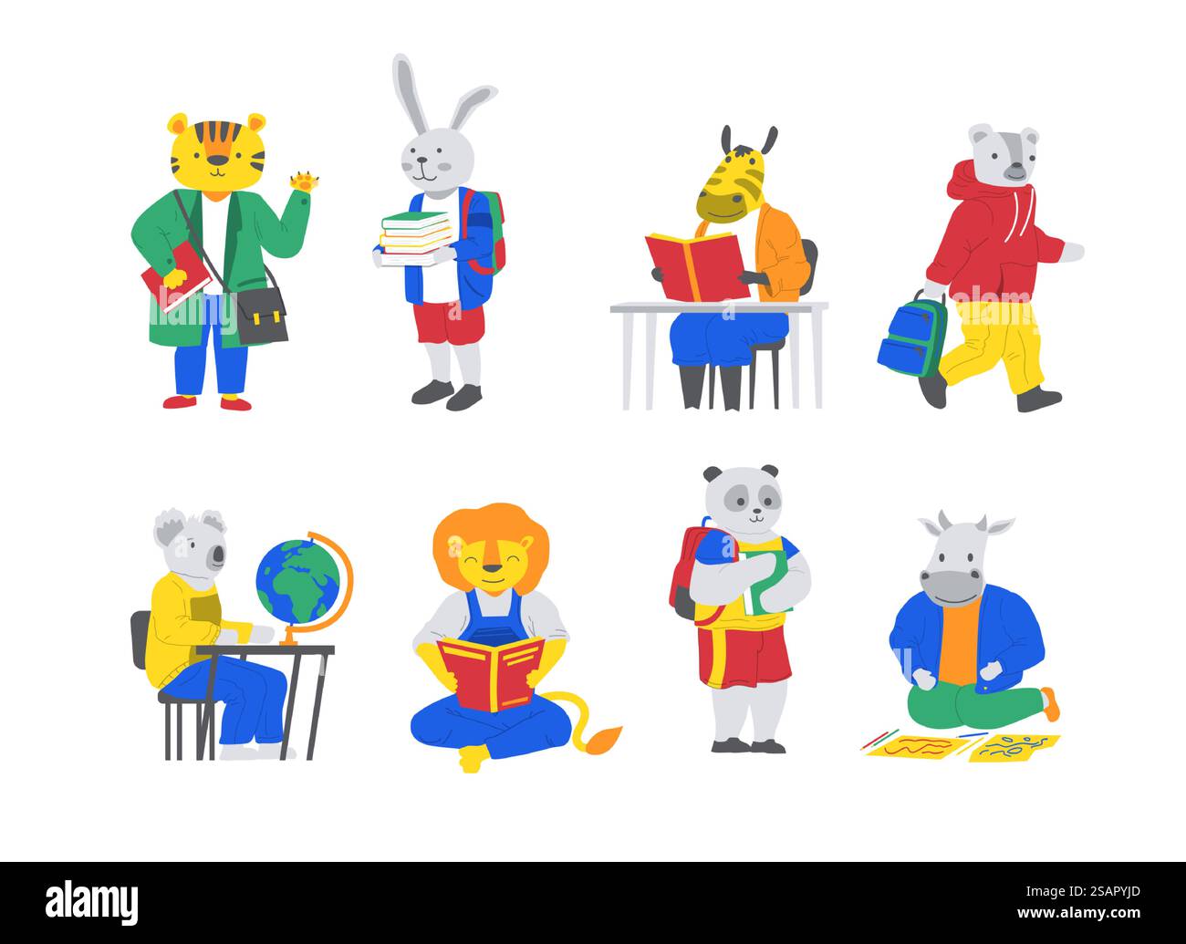 Schultiere. Zeichentrickfiguren mit Büchern und Rucksäcken. Niedliches Tigerlernen und Panda im Unterricht. Glückliche Zebras oder Löwen lesen Lehrbücher. Lustige Schüler zeichnen und lernen Geographie. Vektor-Schulkinder-Set. Schultiere. Zeichentrickfiguren mit Büchern und Rucksäcken. Tiger und Panda lernen im Unterricht. Glückliche Zebras oder Löwen lesen Lehrbücher. Die Schüler zeichnen und lernen Geographie. Vektor-Schulkinder-Set Stock Vektor