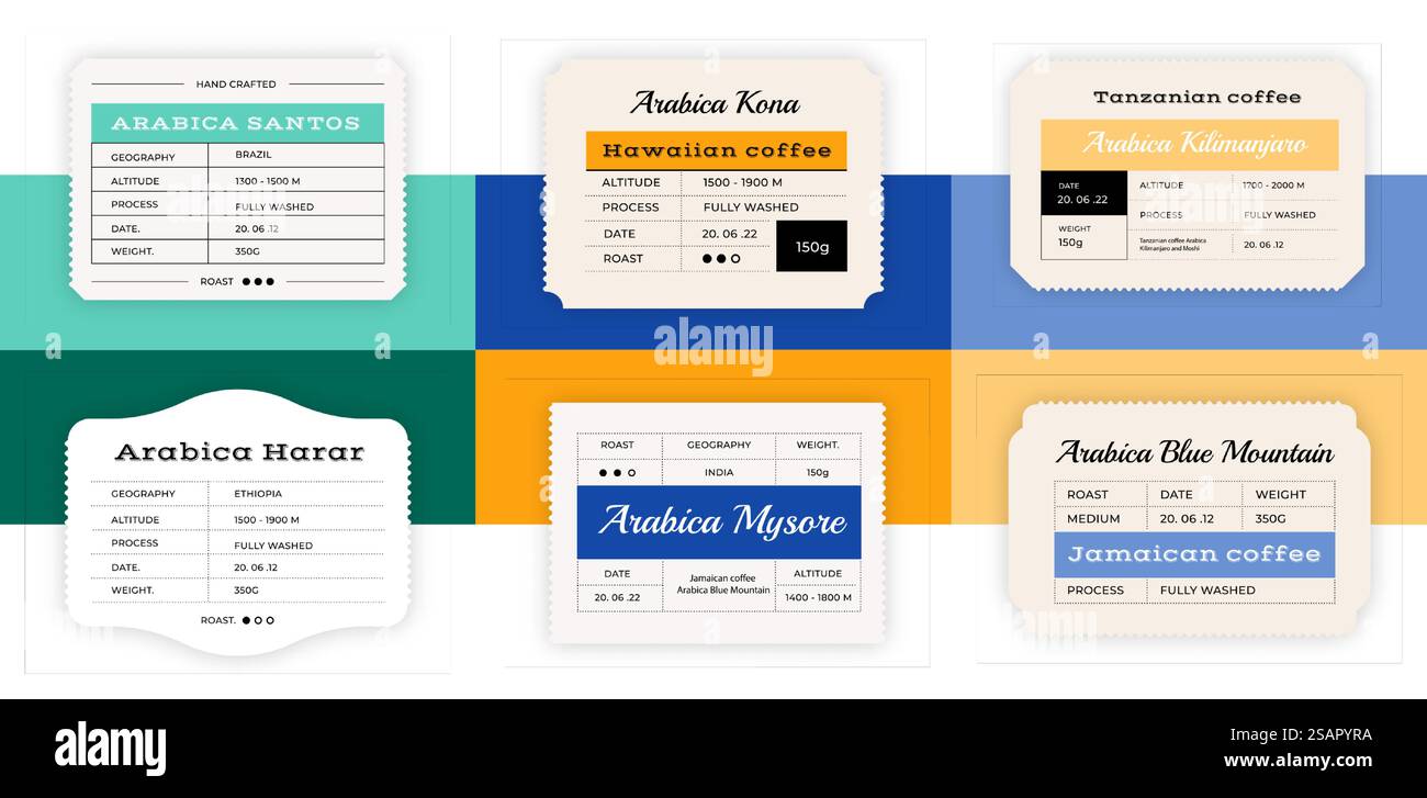 Kaffeeeetikett. Minimalistischer Hipster-Aufkleber für Arabica-Verpackungen. Klassische alte quadratische Stempel mit Text und Infografik zum Bohnenbraten. Abstrakter Werbetext. Vektorgrafik-Promo-Vorlagen-Set. Kaffeeeetikett. Minimalistischer Hipster-Aufkleber für Arabica-Verpackungen. Klassische alte Briefmarken mit Text und Infografik zum Bohnenbraten. Werbepapier. Vektorgrafik-Promo-Vorlagen-Set Stock Vektor