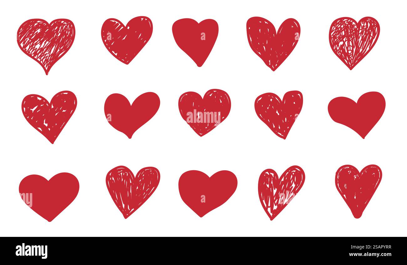 Kritzelherzen. Handgezeichnete rote Symbole. Isolierte überlackierte oder schattierte Formen. Flache Bleistiftskizze zur Dekoration Valentinskarten. Minimalistische Schilder auf weißem Hintergrund, Vektorsatz. Kritzelherzen. Handgezeichnete rote Symbole. Isolierte überlackierte oder schattierte Formen. Bleistiftskizze zur Dekoration Valentinskarten. Minimalistische Schilder auf weißem Hintergrund, Vektorsatz Stock Vektor
