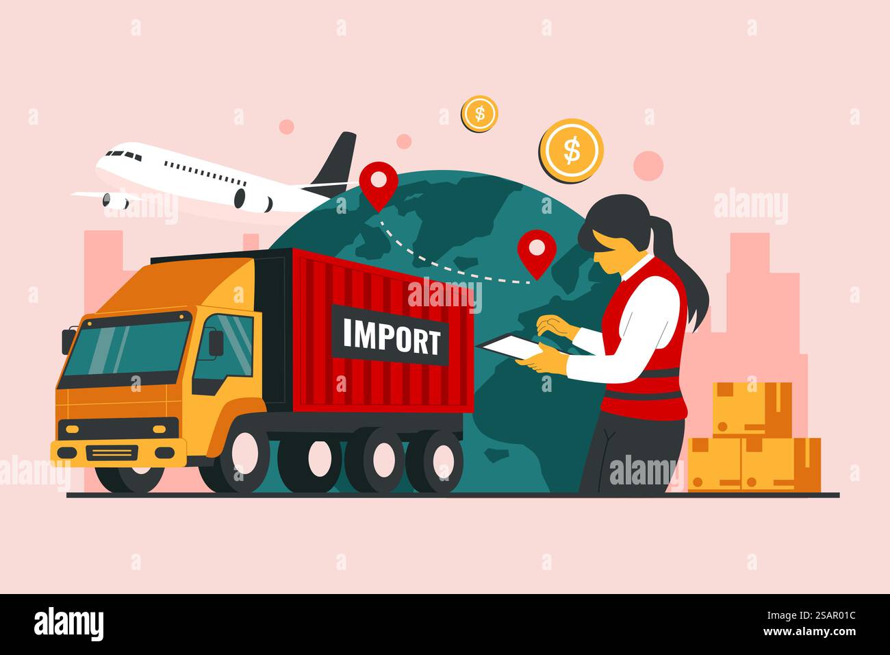 Illustrationskonzept für den globalen Logistikdienst. Logistikkonzept für den Frachtimport. Illustration der Vektorabwicklung Stock Vektor