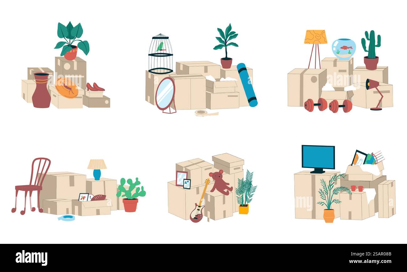Bewegliche Boxen. Cartoon-Stapel und Stapel von quadratischen Papppaketen und verpackten Sachen für den Umzug in eine neue Wohnung. Versandservice oder Frachttransport. Familienentzug. Vektorverpackungsset. Bewegliche Boxen. Stapel und Stapel von Papppaketen und verpackten Sachen für den Umzug in eine neue Wohnung. Versandservice oder Frachttransport. Familienentzug. Vektorverpackungsset Stock Vektor