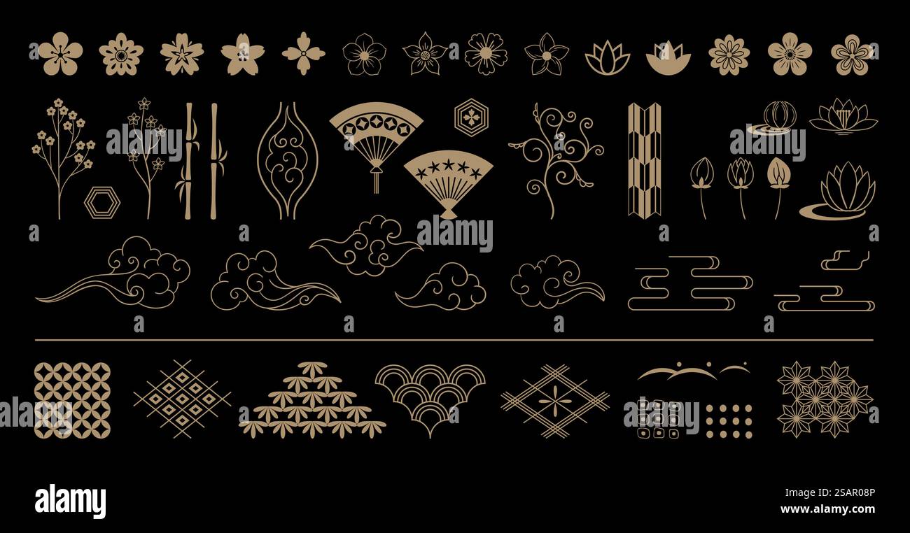 Japanische Kunst. Goldene asiatische dekorative Blumensymbole. Konturieren Sie Sakura- oder Lotusblüten, Bambus und blühende Äste. Wolken und wiederholte Texturen. Vektor traditionelle orientalische Grafikelemente. Japanische Kunst. Goldene asiatische Ziersymbole. Konturieren Sie Sakura- oder Lotusblüten, Bambus und blühende Äste. Wolken und wiederholte Texturen. Vektor traditionelle orientalische Elemente Set Stock Vektor
