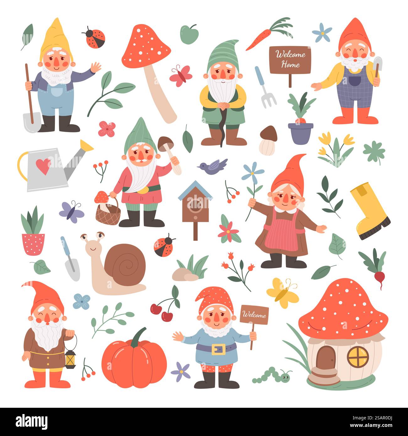 Gartenzwerge. Märchenfiguren mit Blumen und Pilzen. Isolierte fröhliche Figuren und dekorative Blumenelemente. Vektor-süße Zwerge, die landwirtschaftliche Instrumente halten. Gartenzwerge. Märchenfiguren mit Blumen und Pilzen. Isolierte fiktive Figuren und dekorative Blumenelemente. Vektorzwerge, die landwirtschaftliche Instrumente halten Stock Vektor