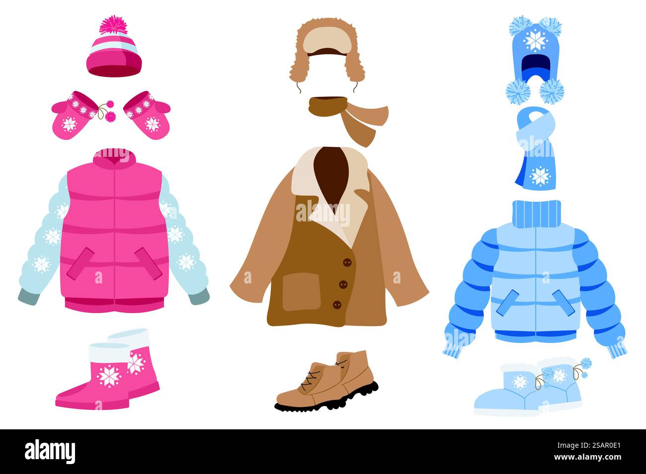Warme Winterbekleidung – Mega-Set-Elemente in flachem Design. Bündel aus verschiedenen Mänteln und Jacken mit Schneeflockenverzierung, Fäustlingen, Hüten und Tüchern, Stiefeln. Vektorillustration isolierte Grafikobjekte Stock Vektor