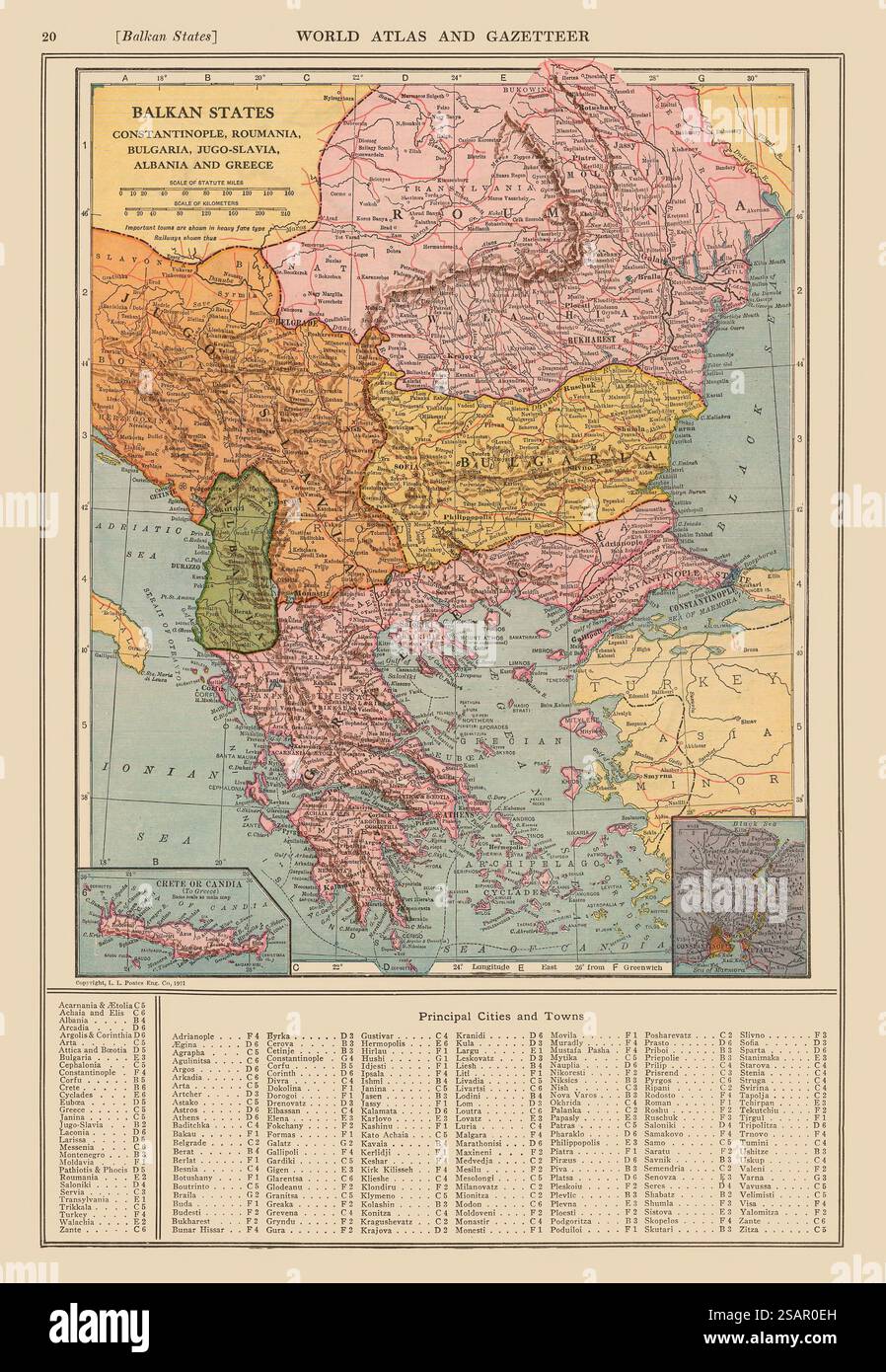 Vintage-Karte der Balkanstaaten (Albanien, Bulgarien, Rumänien, Jugoslawien) und Großgriechenlands im Jahre 1921, nach dem Vertrag von Versailles nach dem Ersten Weltkrieg Stockfoto