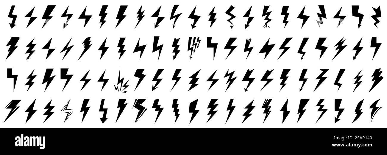 Blitzsymbole. Satz von Bolzensymbolen. Symbole für Aufladen, Energie, Sturm, Energie, Schock. Schwarze Lightning Icon Kollektion Stock Vektor