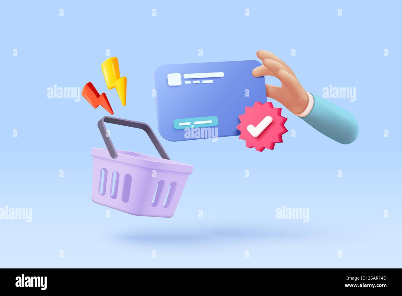 3D-Einkaufstasche für Online-Shopping und Kreditkartensicherung. Korbsymbol mit Schatten auf dem Hintergrund. Kreditkartenangebot zum Einkaufen, Verkauf, Rabatt, Sonderangebot. Abbildung des 3D-Vektorsymbols Stock Vektor