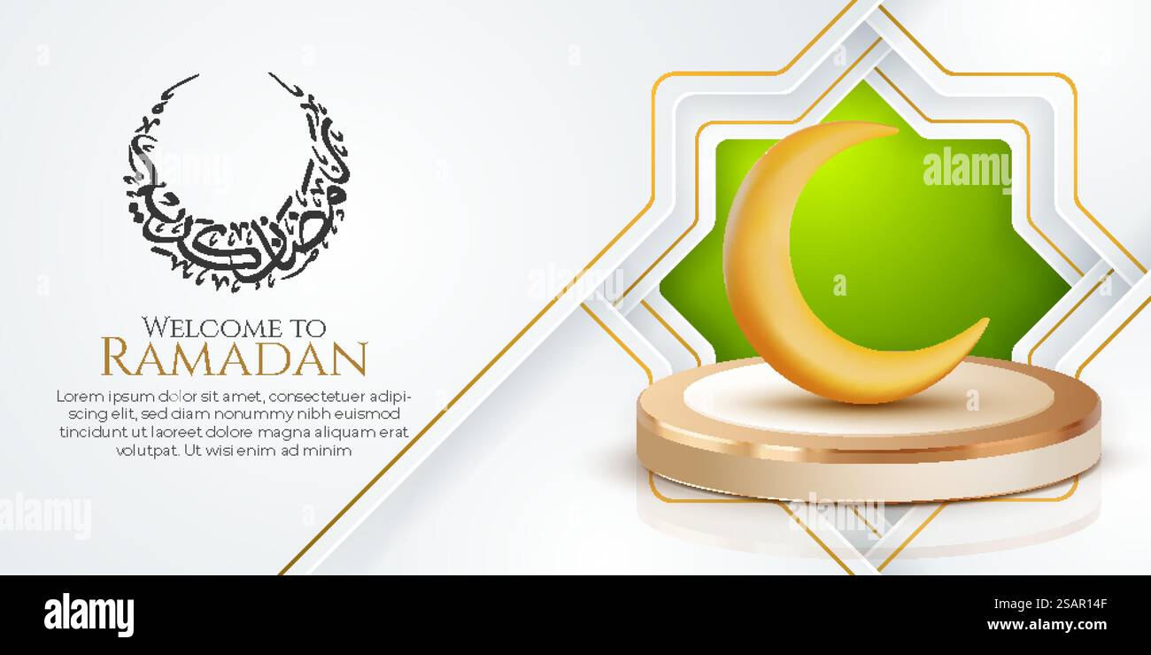 Weißer islamischer Hintergrund. Willkommen im ramadan kareem arabische islamische Kalligraphie. Grußkarte mit 3D-Mond Stock Vektor