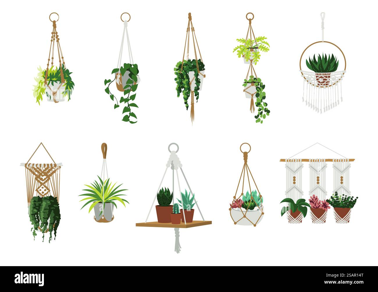 Makramee-Aufhänger. Haus- und Büropflanzen in Gartenblumentöpfen. Skandinavische Innenausstattung mit kuscheligen Elementen. Isolierte handgefertigte Topfhalter. Vektor Cartoon Zimmerpflanzen Set. Makramee-Aufhänger. Haus- und Büropflanzen in Gartenblumentöpfen. Skandinavische Innendekorationen. Handgefertigte gestrickte Topfhalter. Vektor Cartoon Zimmerpflanzen Set Stock Vektor
