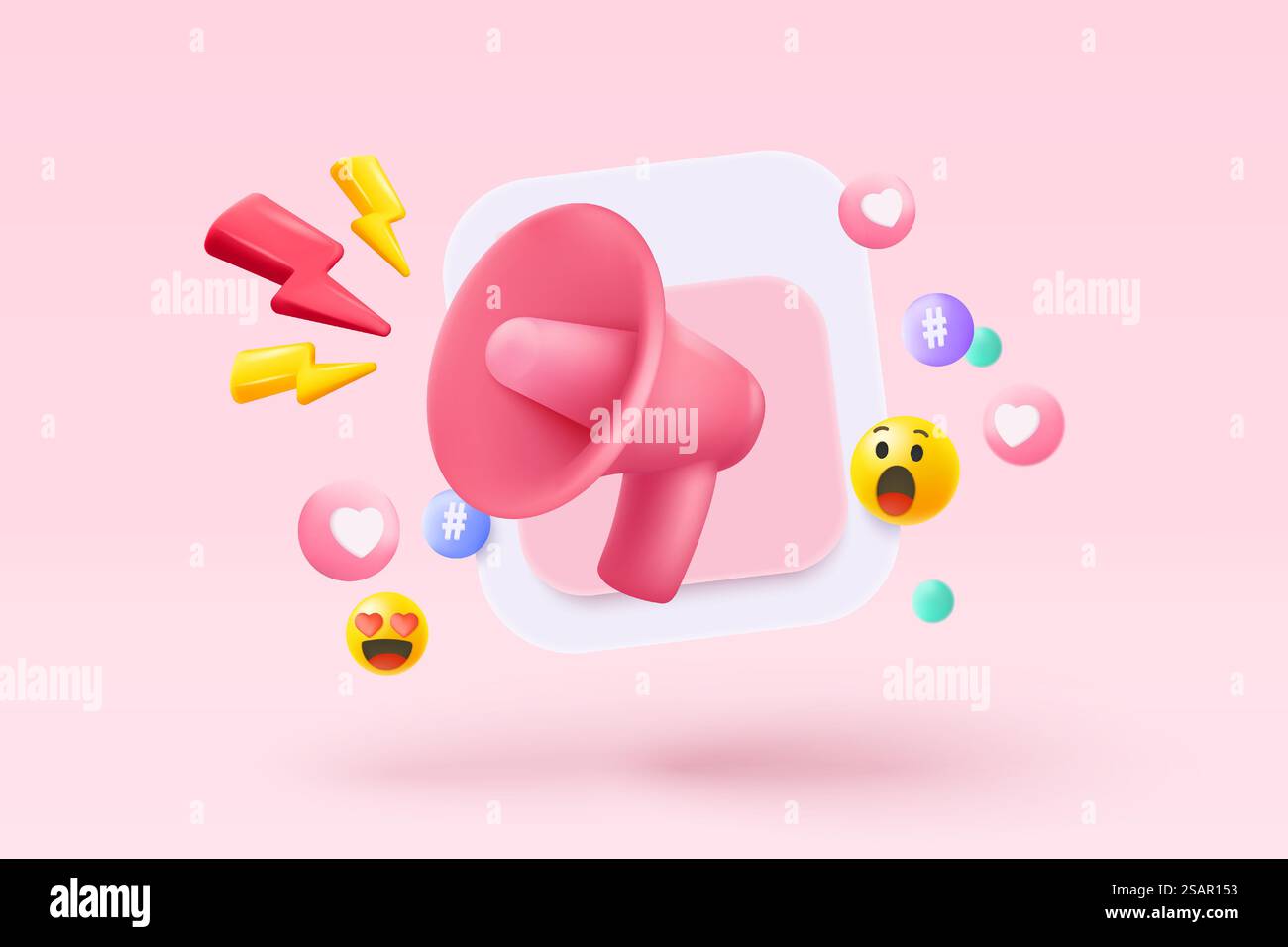 3D-Megaphon-Lautsprecher für romantische valentinskorposition. Festliche Dekorationsgegenstände zum Valentinstag, Herz- und Liebesemoji-Ikonen. 3D-Freisprecheinrichtung Romantik-Symbol-Vektor-Rendering-Illustration Stock Vektor