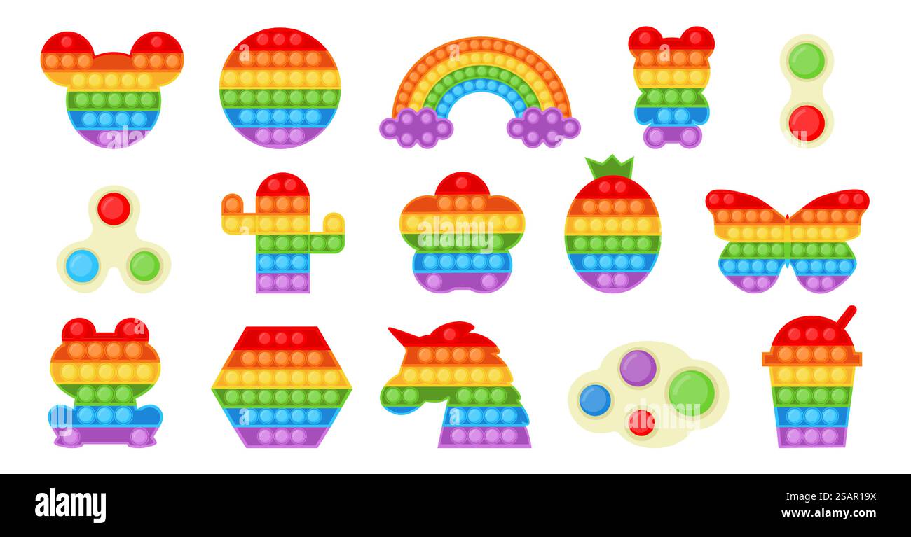 Fidget Pop Spielzeug. Farbenfrohes Anti-Stress-popit-Spiel für Kinder mit verschiedenen Formen und sensorischen Silikonblasen. Vektor isolierte trendige Regenbogenrelief Plastikgeräte Set. Fidget Pop Spielzeug. Farbenfrohes Anti-Stress-popit-Spiel für Kinder mit verschiedenen Formen und sensorischen Silikonblasen. Vektor trendy Regenbogen Relief Gadgets Set Stock Vektor