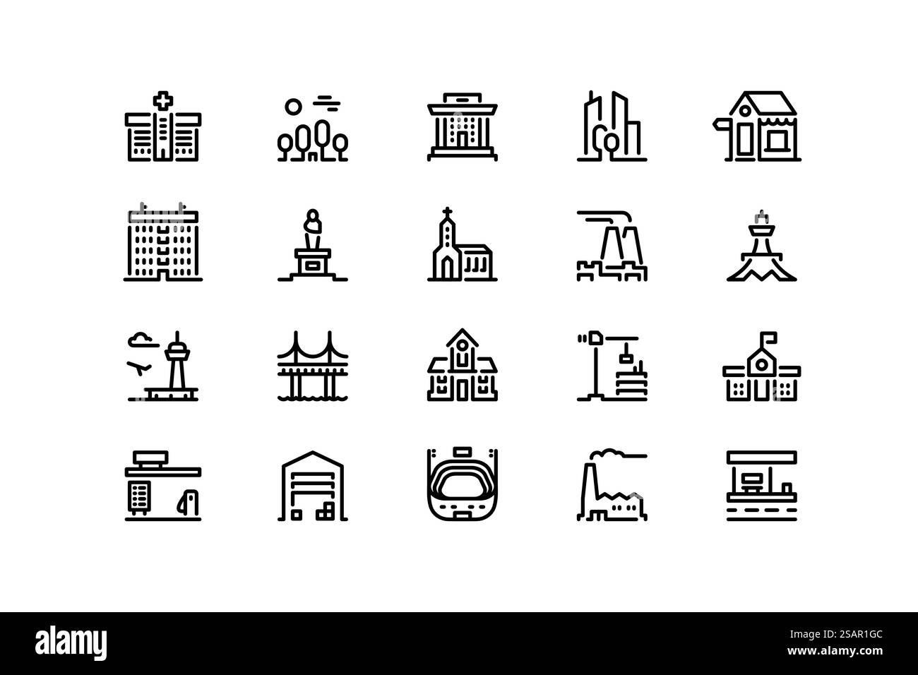 Symbole in Stadtgebäuden. Immobilien Haus- und Bürobau und Renovierung, Motel und Stadteigenschaft, Krankenhaus Flughafenstadion. Vektorschlag des Wohngebäudes, Wohnsiedlungillustration. Symbole in Stadtgebäuden. Immobilien Haus- und Bürobau und Renovierung, Motel und Stadteigenschaft, Krankenhaus Flughafenstadion. Vektorschlag Stock Vektor