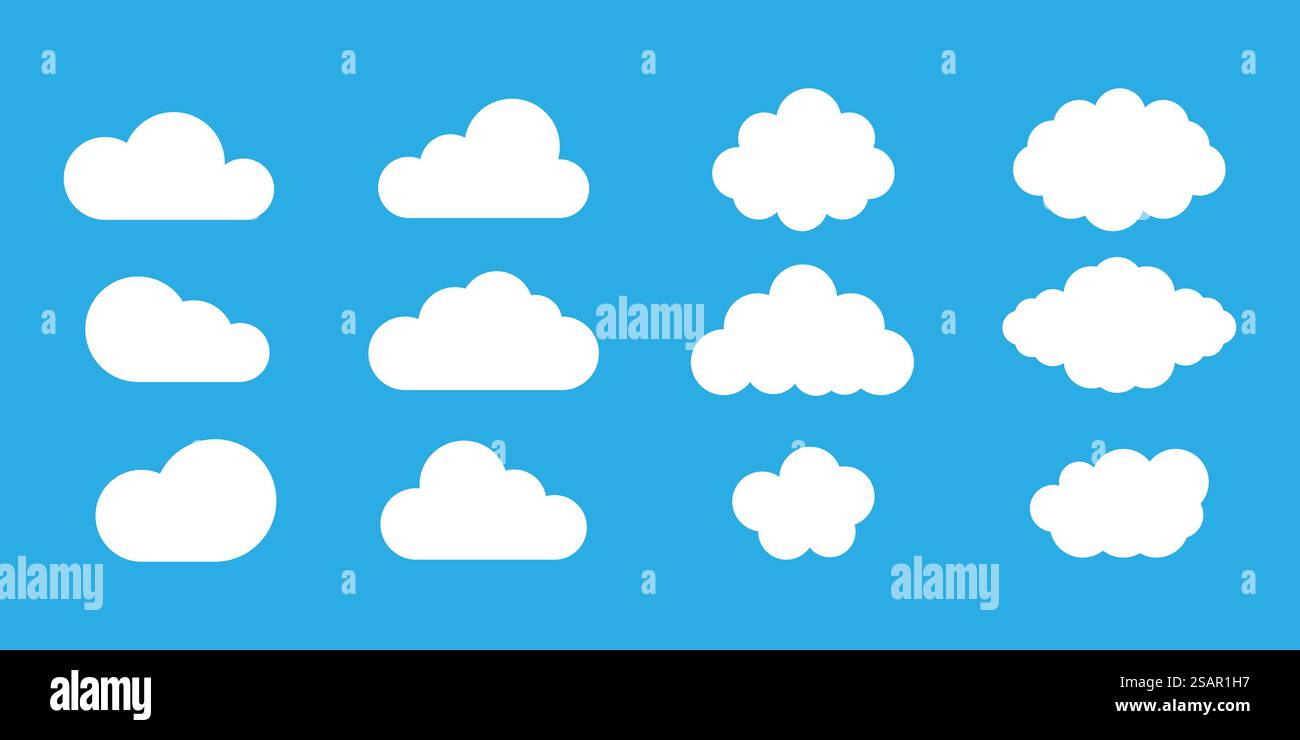 Wolken oder Himmelsvektorsammlung auf blauem Hintergrund. Wolkensymbole. Gruppe von Vektorwolken. Wolkenformen. EPS 10 Stock Vektor