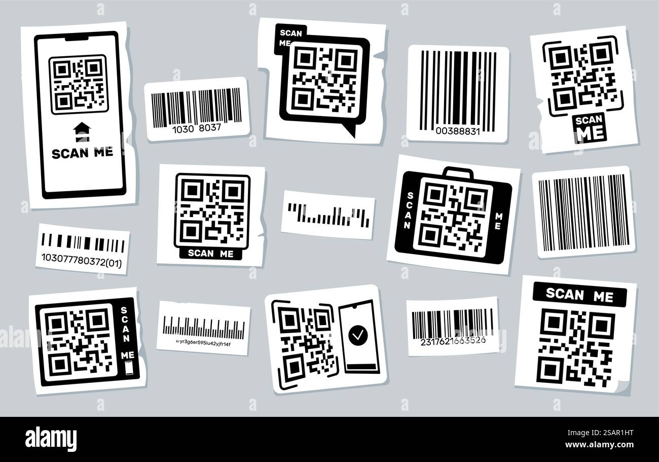 QR-Code-Aufkleber. Barcode-Etiketten mit Produktinformationen oder Link, Scannerrahmen mit grafischen Elementen für Preisschilder, Scannen auf Telefonkonzept. Vektorsatz der Abbildung des Produktcodes. QR-Code-Aufkleber. Barcode-Etiketten mit Produktinformationen oder Link, Scannerrahmen mit grafischen Elementen für Preisschilder, Scannen auf Telefonkonzept. Vektorsatz Stock Vektor