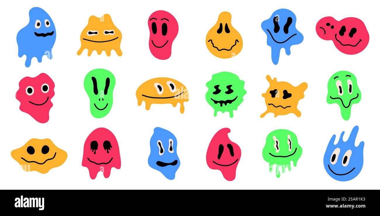 Farbenfrohe verzerrte Emoji. Abstrakte, schmelzende Gesichter surreale, säuregroovende Gesichter, Säure-Warp-Gesichter. Vektor 90s psychedelische Set von Lächeln Emoji lustige Illustration. Farbenfrohe verzerrte Emoji. Abstrakte, schmelzende Gesichter surreale, säuregroovende Gesichter, Säure-Warp-Gesichter. Vector 90s Psychedelic Set Stock Vektor