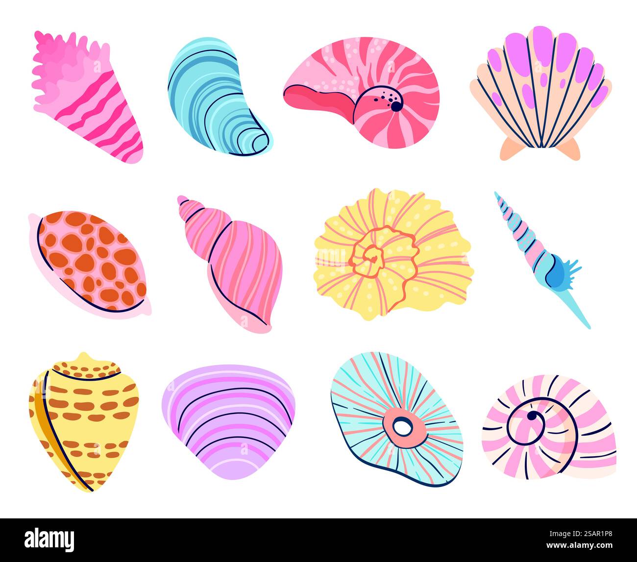 Tropische Muschel. Cartoon Muscheln, Austern und Jakobsmuscheln. Vektor der Muschelmeer-Unterwasserillustration. Tropische Muschel. Cartoon Muscheln, Austern und Jakobsmuscheln Stock Vektor