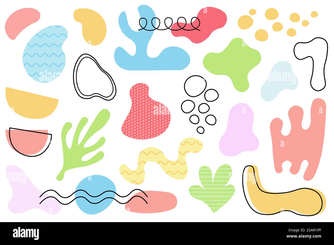 Abstrakte Formen und Blasen im flachen Cartoon-Design. Bündeln Sie Elemente aus bunten kritzelnden welligen Klumpen, unregelmäßigen dekorativen Klumpen mit Linienrändern. Vektorillustration isolierte Grafikobjekte Stock Vektor