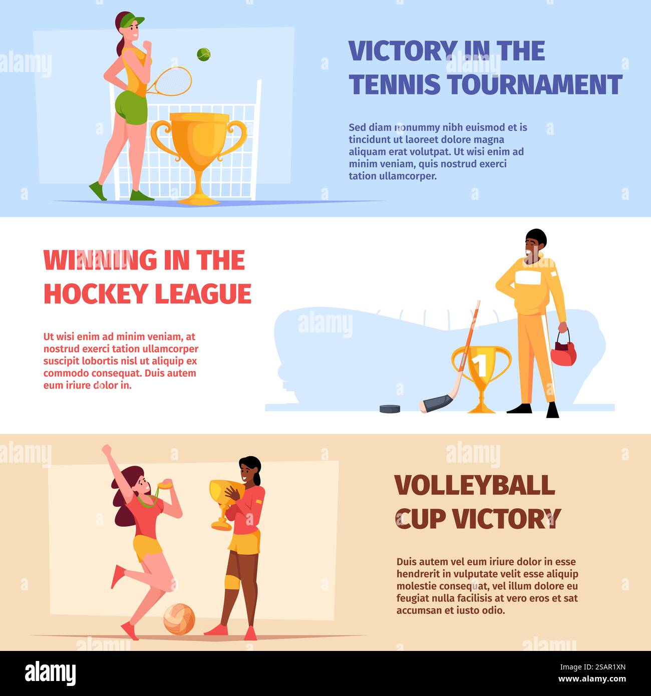 Sportbanner. Olympische glückliche Athleten Gewinner mit Trophäen Boxer Volleyballspieler Läufer Vektordruckvorlagen mit Platz für forsonalen Text. Illustration des olympiasiegers Volleyball und Hockey. Sportbanner. Glückliche Olympiasieger mit Trophäen Boxer Volleyballspieler Läufer grelle Vektordruckvorlagen mit forsonalem Text Stock Vektor