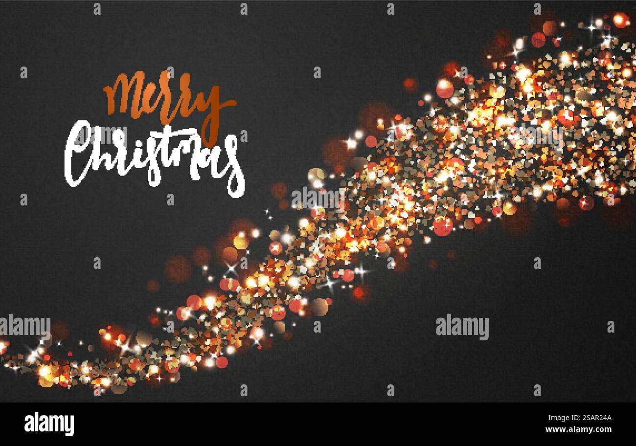 Weihnachtshintergrund mit hellen, realistischen Glitzer-Konfetti von Sternen. Weihnachtsfeiertag Lichteffekt. Die Grußkarten sind ein fröhliches Weihnachtsfest und ein frohes neues Jahr. Vektorabbildung Stock Vektor