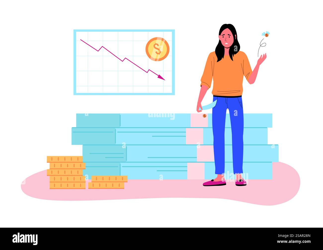 Finanzkrise. Enttäuschte Person mit leeren Taschen. Marktrückgang, Wagen mit Pfeil nach unten. Konzept des wirtschaftlichen Zusammenbruchs. Mitarbeiter ohne Geld, Armutsvektor-Illustration. Finanzkrise. Enttäuschte Person mit leeren Taschen. Marktrückgang, Wagen mit Pfeil nach unten. Konzept des wirtschaftlichen Zusammenbruchs Stock Vektor