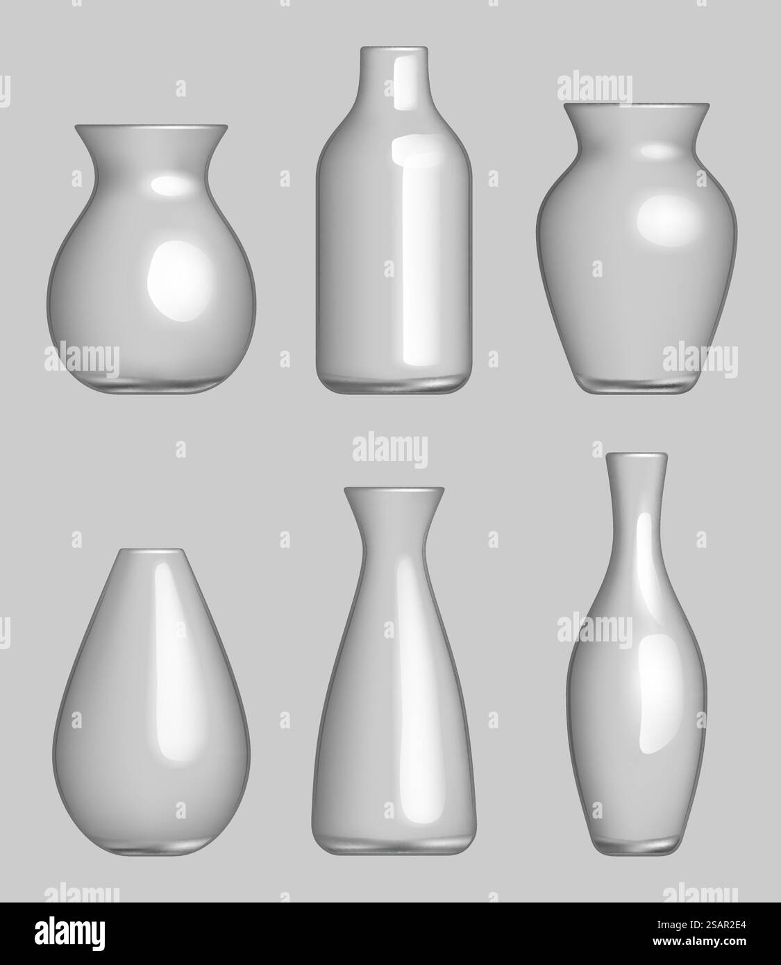 Vase für Blumen. Realistische transparente Vase geometrische verschiedene Formen Behälter anständige Vektorbilder Satz Vase sauberes Element, glänzende Accessoires Illustration. Vase für Blumen. Realistische transparente Vase geometrische verschiedene Formen Behälter anständige Vektorbilder Set Stock Vektor