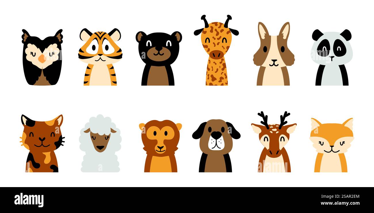 Niedliche Tiere. Minimalistische Zeichentrickfiguren für die Tierwelt von Kindern für Tapeten und Textilien. Niedlicher Löwe und Bär. Hunde- oder Pinguinköpfe. Panda und Koala. Gesichter von Waldbewohnern. Vektor lustige Haustiere Set. Niedliche Tiere. Minimalistische Zeichentrickfiguren für Kinder Tapeten und Textilien. Niedlicher Löwe und Bär. Hunde- oder Pinguinköpfe. Panda und Koala. Gesichter von Waldbewohnern. Vektortierset Stock Vektor
