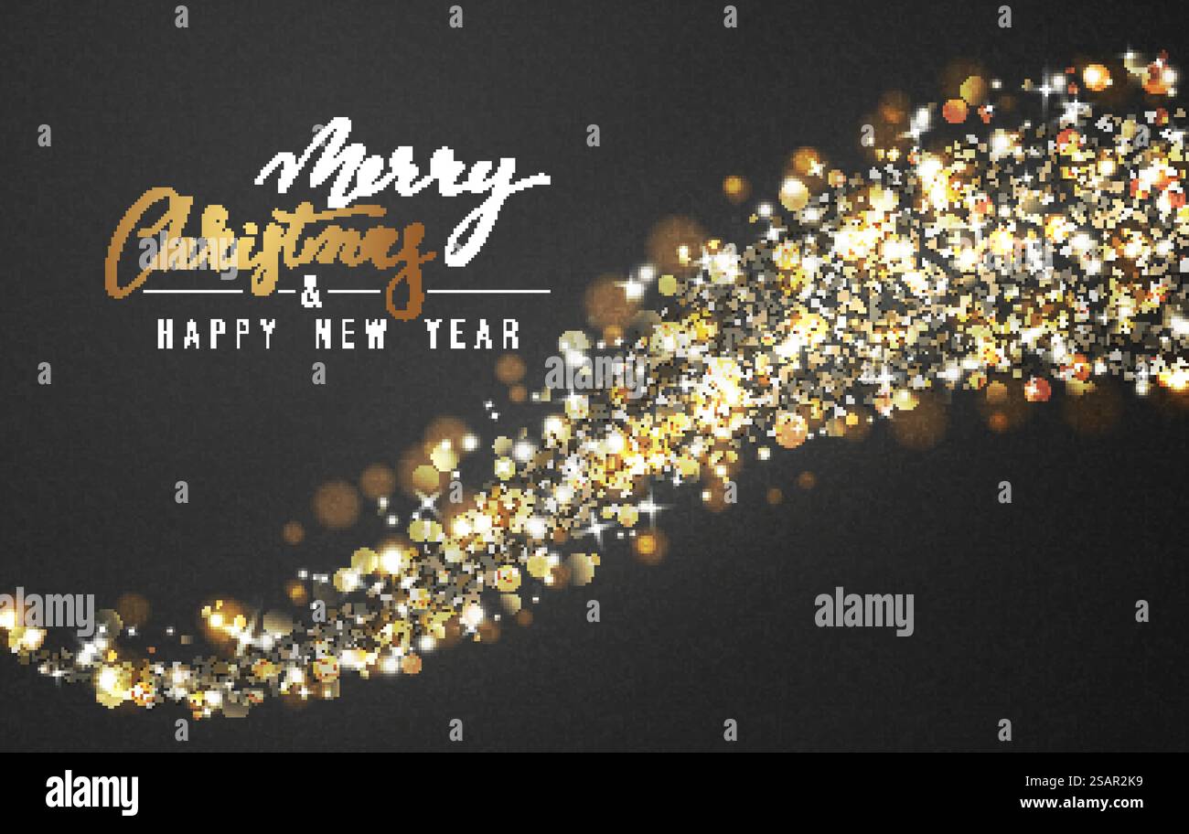 Weihnachtshintergrund mit hellen, realistischen Glitzer-Konfetti von Sternen. Weihnachtsfeiertag Lichteffekt. Grußkarten Design Frohe Weihnachten und Happy New Year, Schriftzug.. Weihnachtshintergrund mit hellen, realistischen Glitzer-Konfetti von Sternen. Stock Vektor
