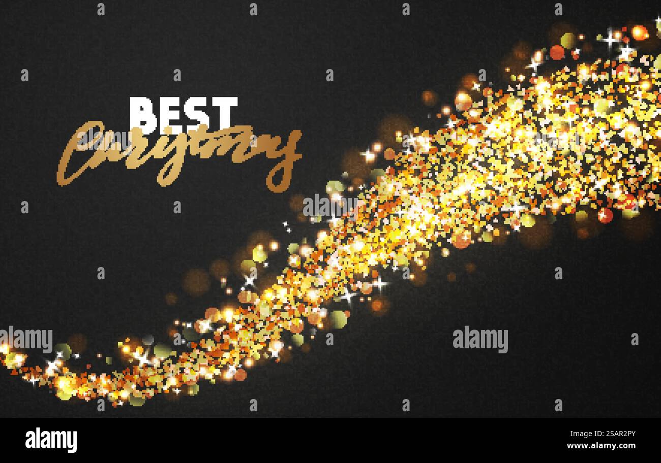Weihnachtshintergrund mit hellen, realistischen Glitzer-Konfetti von Sternen. Weihnachtsfeiertag Lichteffekt. Grußkarten Design Frohe Weihnachten und Happy New Year, Schriftzug.. Weihnachtshintergrund mit hellen, realistischen Glitzer-Konfetti von Sternen. Stock Vektor