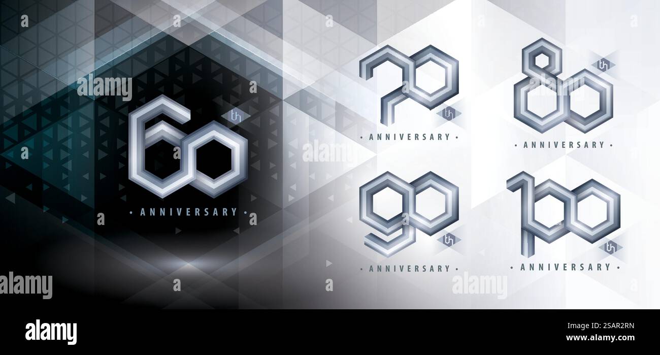 Set mit 60- bis 100-jährigem Jubiläum, 60- bis 100-jährigem Jubiläum. Abstraktes silbernes Hexagon Infinity-Logo, 60,70,80,90,100 Jahre Logo für Feier. Netzwerk Polygon Geometrisch, Sechskantnummer Stock Vektor Set mit 60- bis 100-jährigem Jubiläum, 60- bis 100-jährigem Jubiläum. Abstraktes silbernes Hexagon Infinity-Logo, 60,70,80,90,100 Jahre Logo für Feier. Netzwerk Polygon Geometrisch, Sechskantnummer Stock Vektor