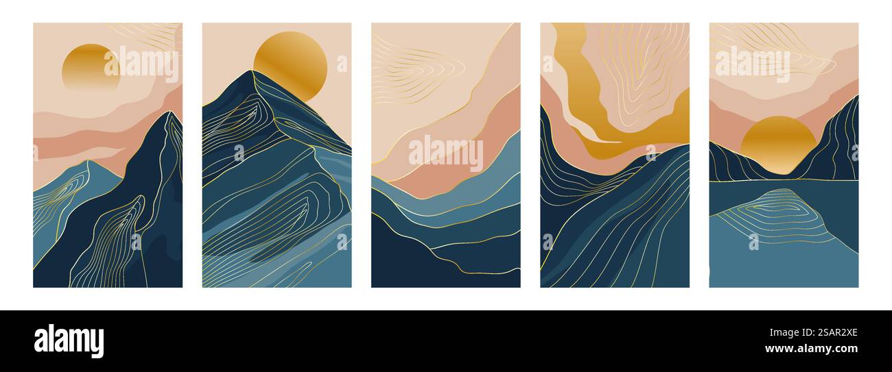 Abstrakte Landschaftsposter. Vintage-Grafik mit Doodle Modern Mountains. Überzüge mit Naturszenen. Panoramablick im Freien. Gesteinsbereiche. Goldene Linien. Sonnenuntergang. Vektororientalische Kartencollage. Abstrakte Landschaftsposter. Vintage-Grafik mit Doodle Modern Mountains. Überzüge mit Naturszenen. Außenpanoramen. Gesteinsbereiche. Goldene Linien. Sonnenuntergang. Vektorkarten-Collage Stock Vektor