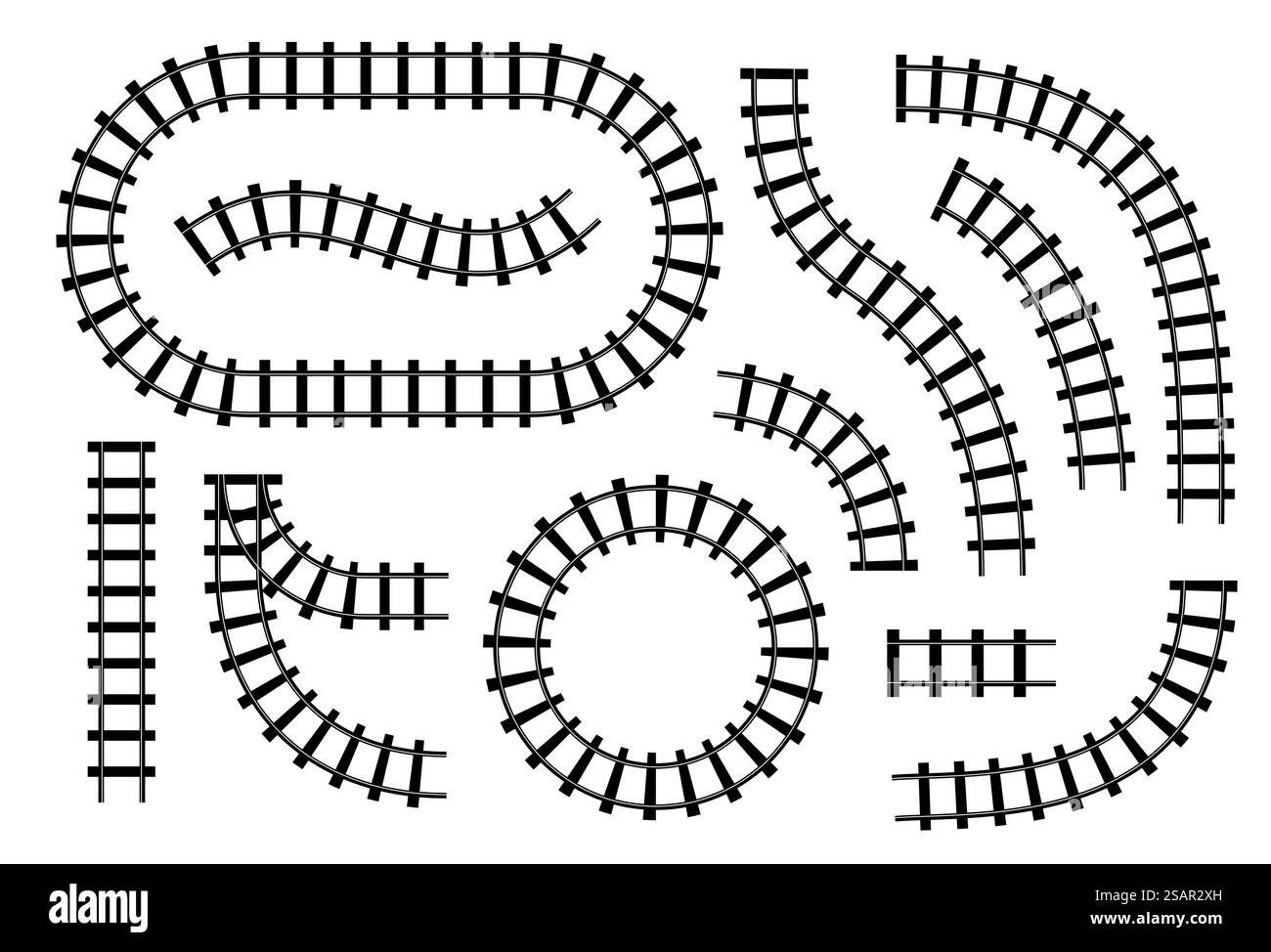 Schwarze Schienen. Cartoon-Zug und U-Bahn-Bahn. Straßenbahngleise mit Geländer und Schwellen. Silhouette Metro Path Konstrukteur. Geradeaus und biegt Straßenteile ab. Vektorisolierte Grafikelemente festgelegt. Schwarze Schienen. Cartoon-Zug und U-Bahn-Bahn. Eisenbahngleis mit Geländer und Schwellen. Silhouette Metro Path Konstrukteur. Geradeaus und biegt Straßenteile ab. Vektor-isolierte Elemente festgelegt Stock Vektor