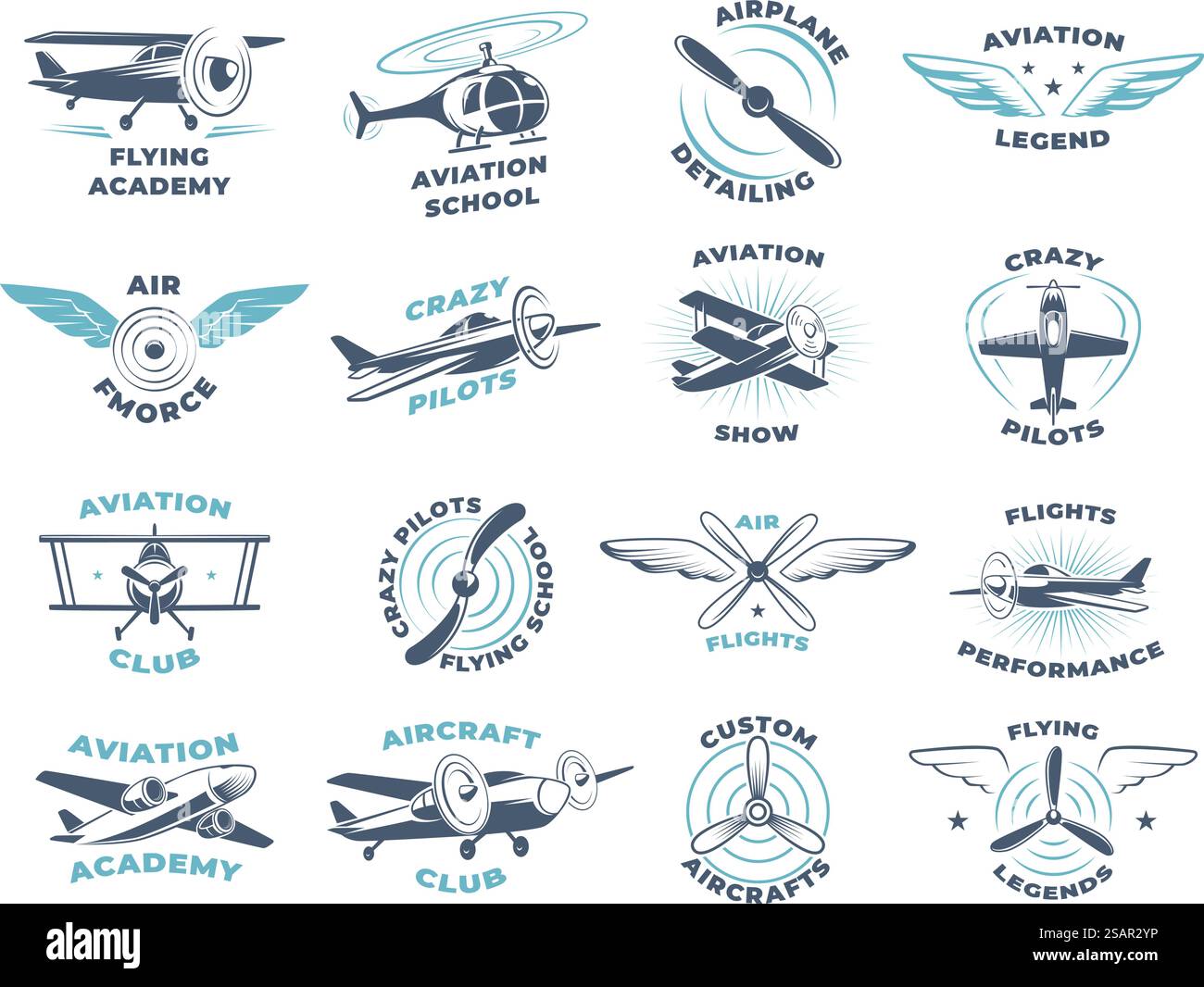 Piloten. Flugzeuge Flügel und Propeller stilisierte Abzeichen mit Platz für Text exakte Vektor Business Logotypensammlung. Abbildung: Luftfahrt- und Propellerlogo. Piloten. Flugzeuge Flügel und Propeller stilisierte Abzeichen mit Platz für Text exakte Vektor Business Logotypensammlung Stock Vektor