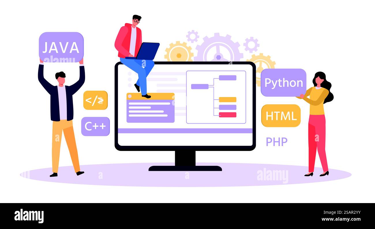 Programmierer und Designer, die Website entwickeln. Softwareentwickler schreiben Python-, Java-, HTML-Code. Mann, der am Laptop arbeitet, Kollegen helfen. Männliche und weibliche Charaktere arbeiten zusammen und erstellen Website-Vektor. Programmierer und Designer, die Website entwickeln. Softwareentwickler schreiben Python-, Java-, HTML-Code. Mann, der an einem Laptop arbeitet Stock Vektor