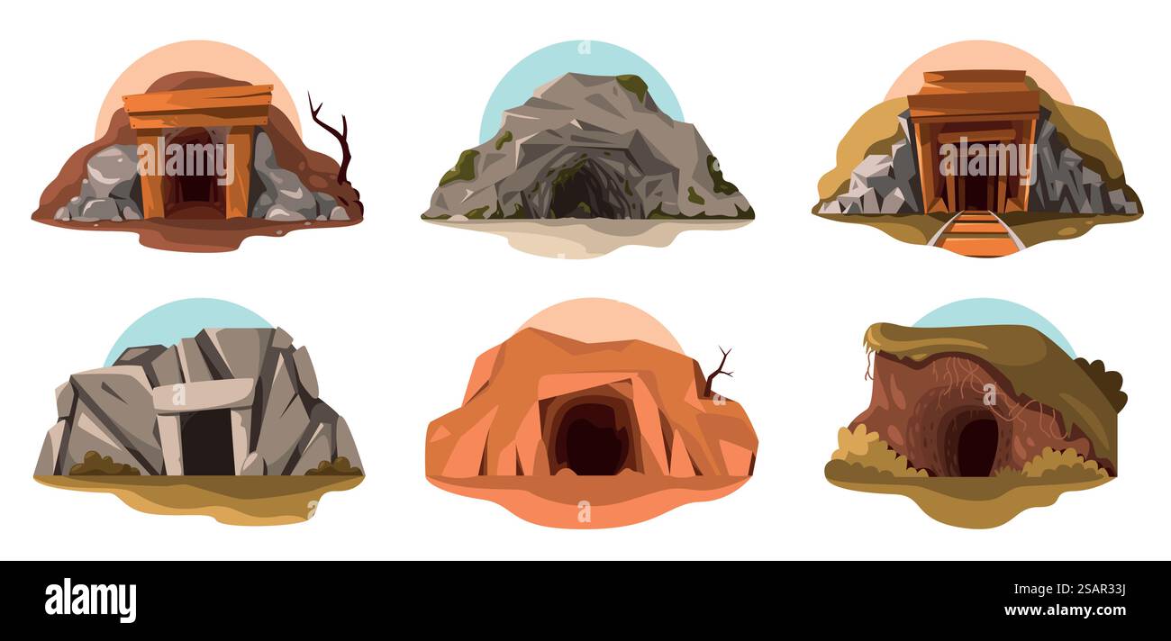 Höhleneingang. Alte Cartoon-Mine mit Holztür, prähistorische verlassene Höhle mit Felsenboden und Schmutz. Vektor-isolierter Satz. Natürliche Klippen im Freien, dunkle Tunnellandschaft. Höhleneingang. Alte Cartoon-Mine mit Holztür, prähistorische verlassene Höhle mit Felsenboden und Schmutz. Vektor-isolierter Satz Stock Vektor