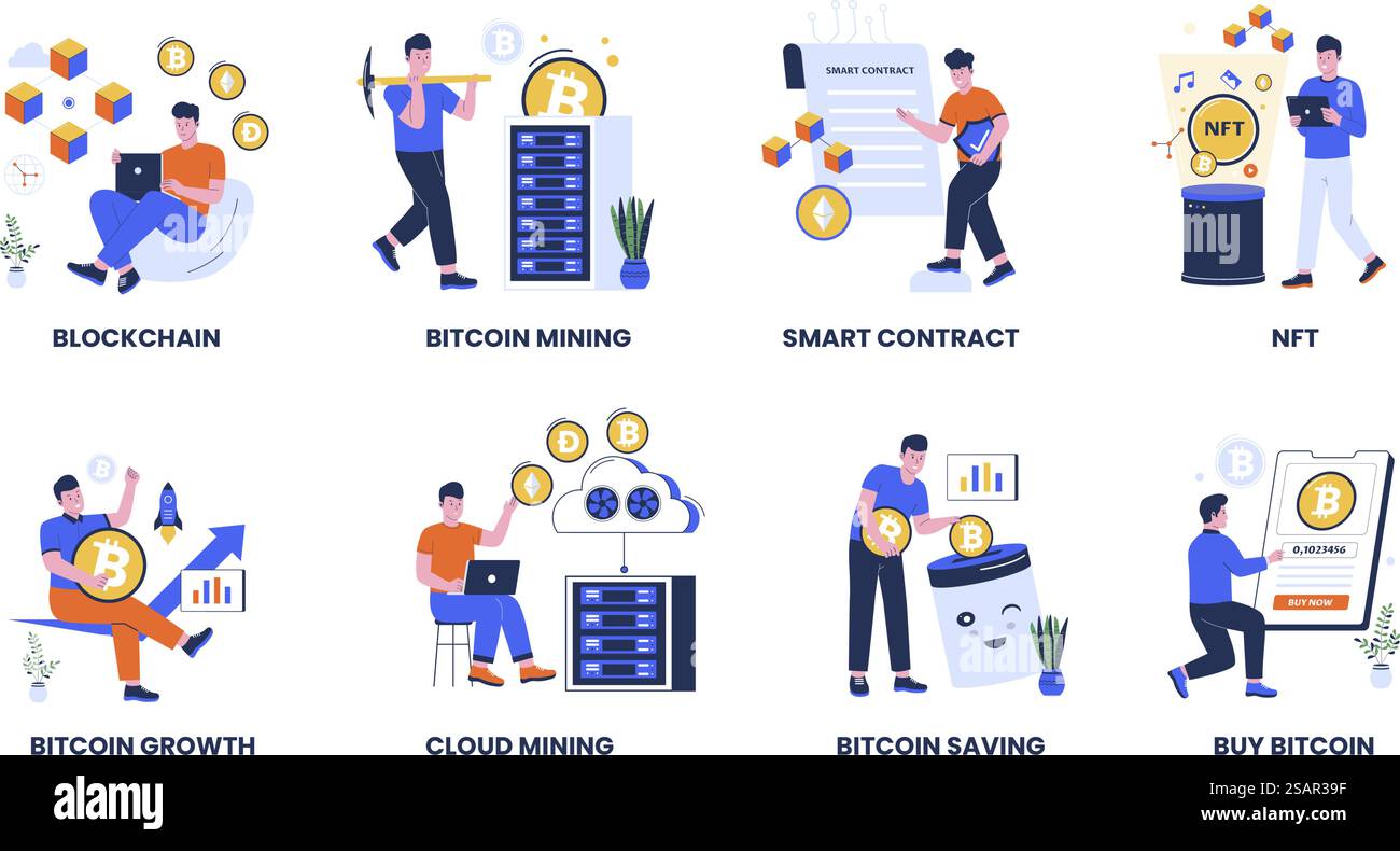 Blockchain Kryptowährungsvektorsatz. Nicht fungibles Token, Bitcoin-Mining, intelligente Vertragsabbildung Stock Vektor