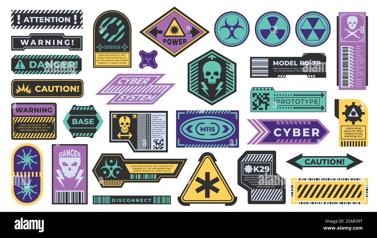 Cyberpunk-Aufkleber. Warnaufkleber für Sicherheit oder Warnung, futuristisches schwarzes Streifendesign mit industrieller Aufmerksamkeit und Gefahrenzeichen. Vektor-isolierter Satz der Cyberpunk-Gefahrenentwurfillustration. Cyberpunk-Aufkleber. Warnaufkleber für Sicherheit oder Warnung, futuristisches schwarzes Streifendesign mit industrieller Aufmerksamkeit und Gefahrenzeichen. Vektor-isolierter Satz Stock Vektor