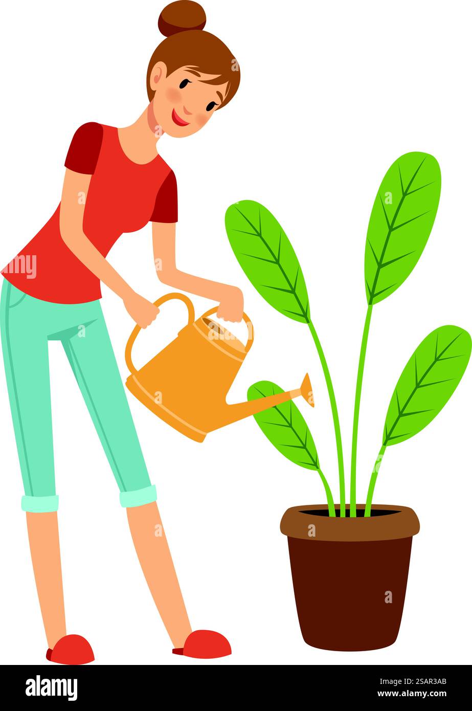 Frau, die die Zimmerpflanze aus der Dose gießt. Haus Gartenarbeit isoliert auf weißem Hintergrund. Frau, die die Zimmerpflanze aus der Dose gießt. Heimgärtnerei Stock Vektor