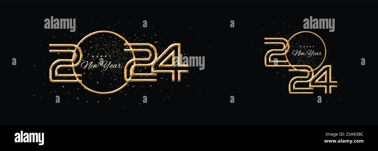 Einfaches und elegantes Design Nummer Happy New Year 2024. Luxuriöse und glänzende Goldfarben. Design für Grüße und Feiern im Jahr 2024. Stock Vektor