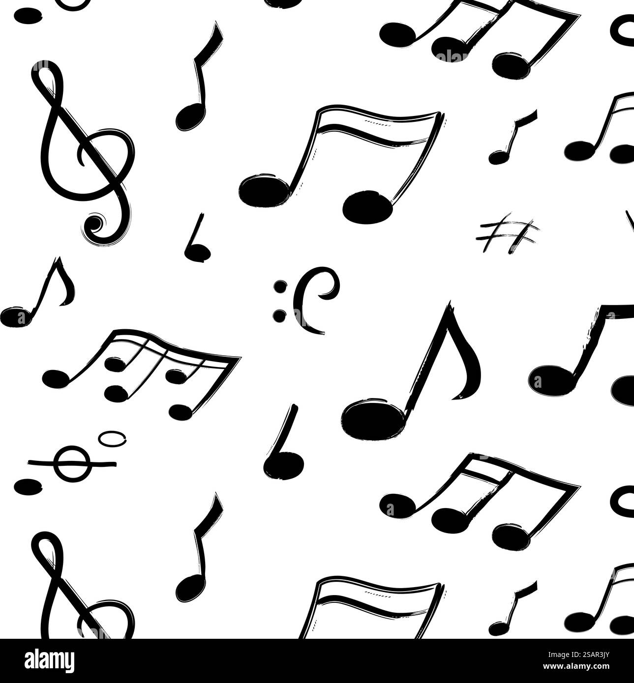 Notenmuster. Nahtlose Textur handgezeichneter Musiksymbole. Isolierte schwarze Tonzeichen auf weißem Hintergrund. Kalligraphische Tintenschrift. Dekorative Vektor-Vorlage für Textilien und Tapeten. Notenmuster. Nahtlose Textur handgezeichneter Musiksymbole. Schwarze Tonzeichen auf weißem Hintergrund. Kalligraphische Schrift. Dekorative Vektor-Vorlage für Textilien und Tapeten Stock Vektor